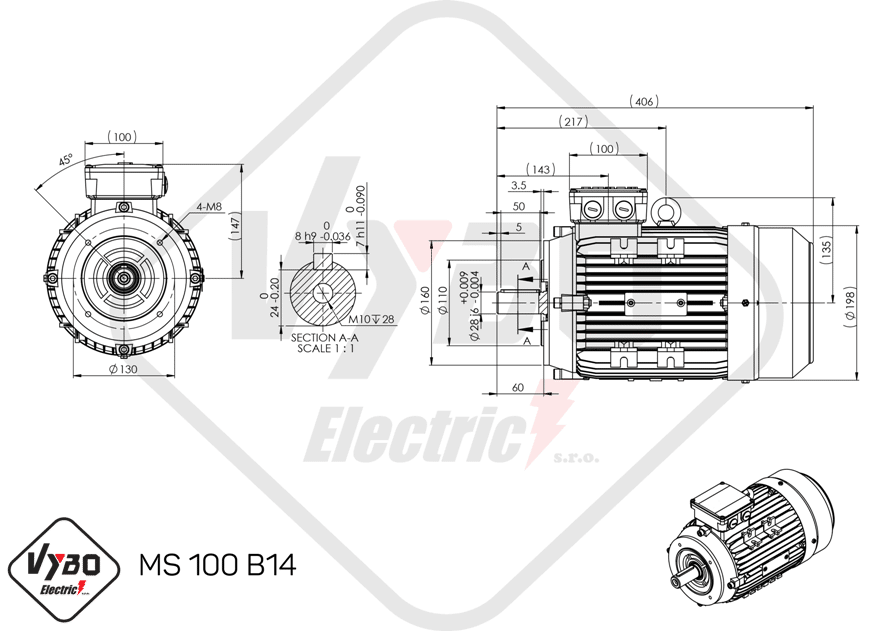 rozmerový výkres elektromotor ms100-2 3kw
