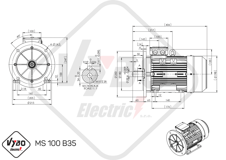 rozmerový výkres elektromotor ms100-6 1,5kw