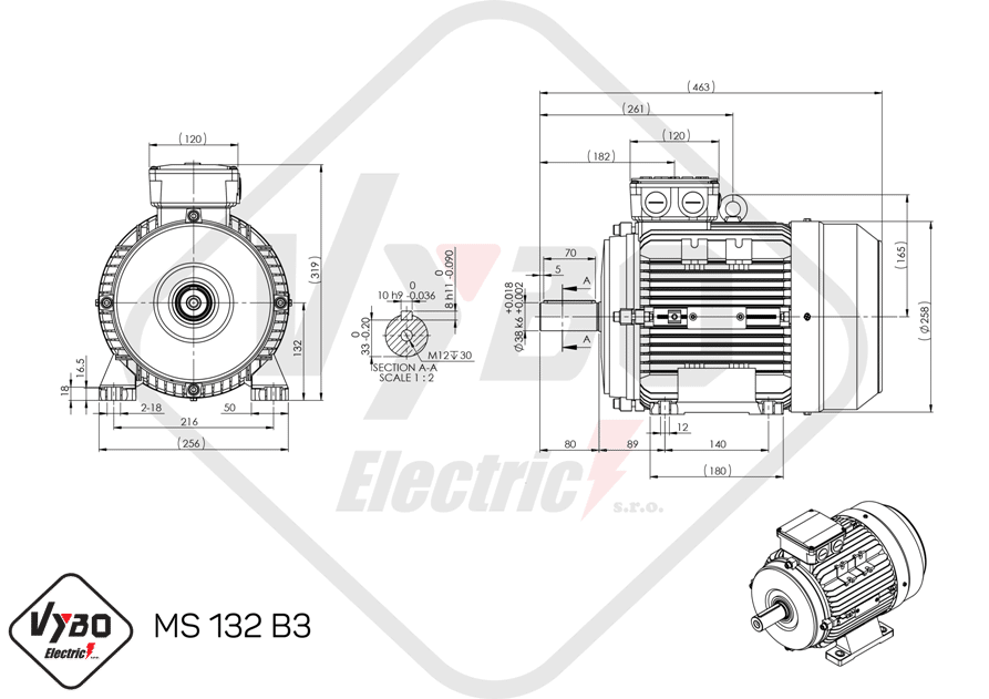 rozmerový výkres elektromotor ms132-2 7.5kw