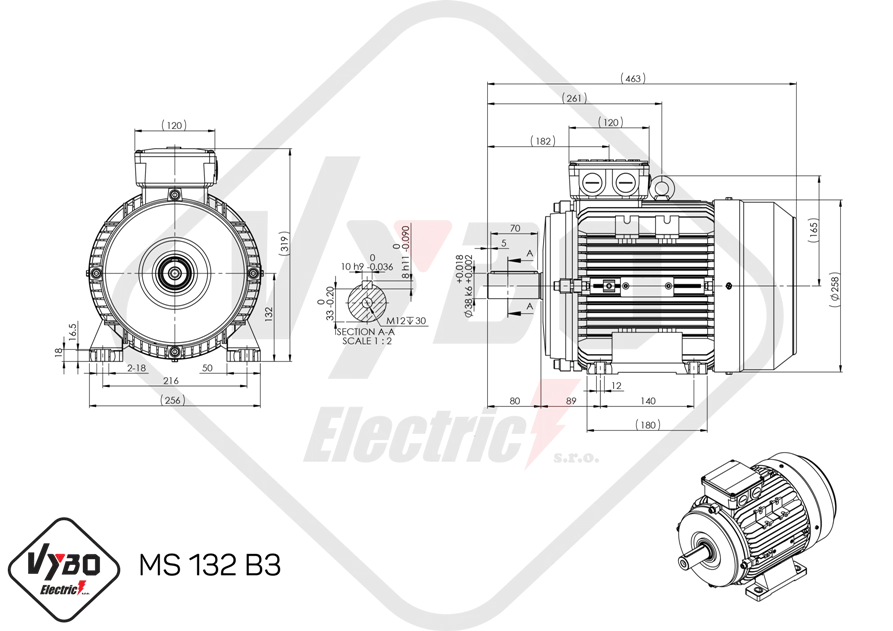 rozmerový výkres elektromotor ms132-4 5.5kw