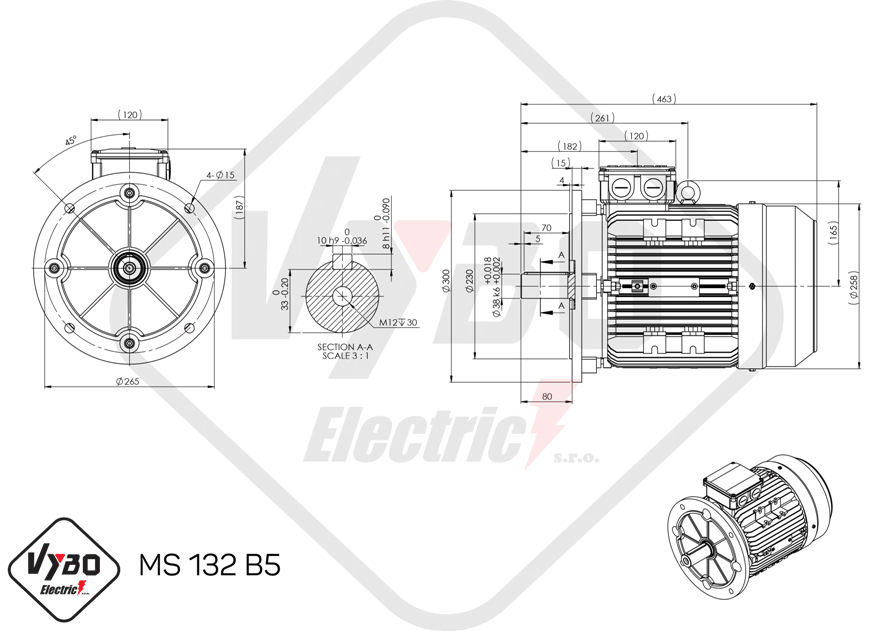 rozmerový výkres elektromotor ms132-4 5.5kw