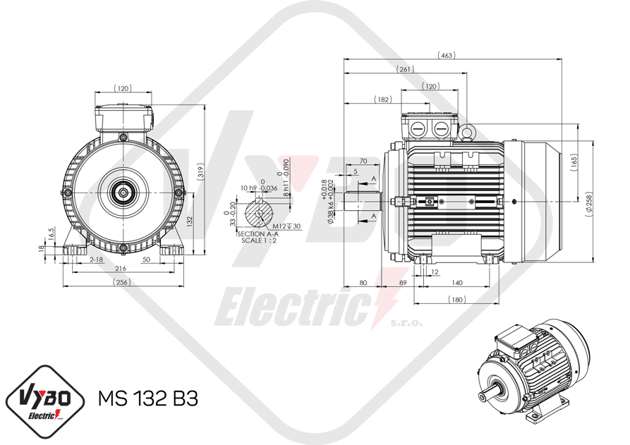 rozmerový výkres elektromotor ms132-6 3kw