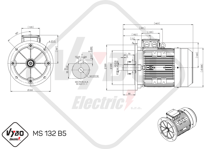 rozmerový výkres elektromotor ms132-6 3kw