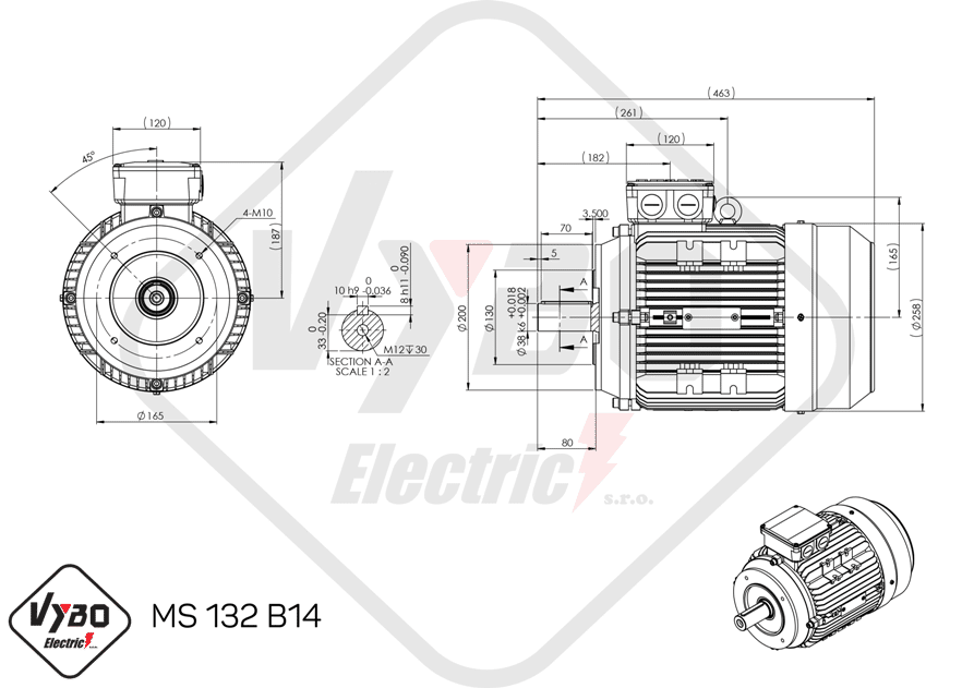 rozmerový výkres elektromotor ms132-6 4kw