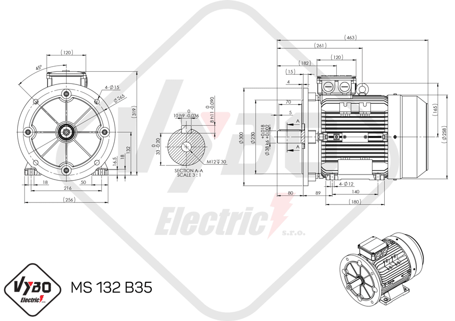 rozmerový výkres elektromotor ms132-6 4kw