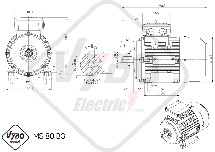 rozmerový výkres elektromotor ms80-2 0,75kw