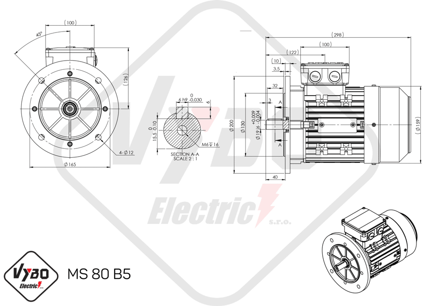 rozmerový výkres elektromotor ms80-2 0,75kw