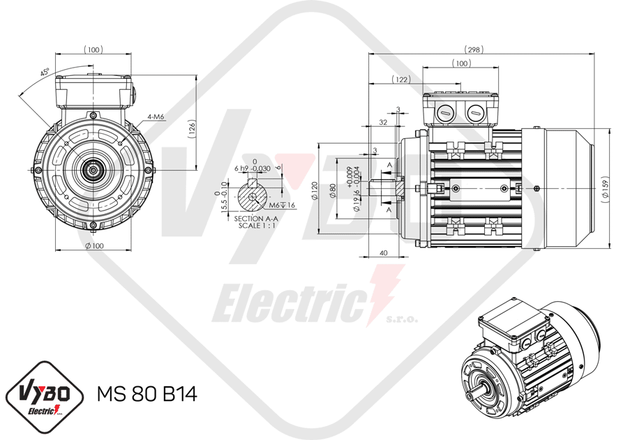 rozmerový výkres elektromotor ms80-2 0,75kw