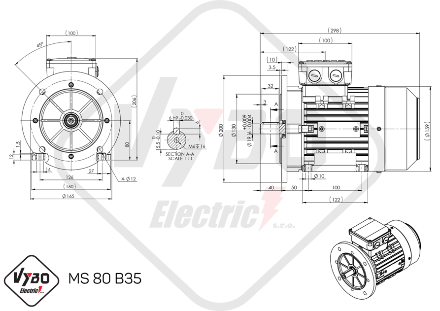 rozmerový výkres elektromotor ms80-2 0,75kw