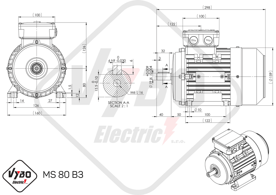 rozmerový výkres elektromotor ms80-4 0,75kw