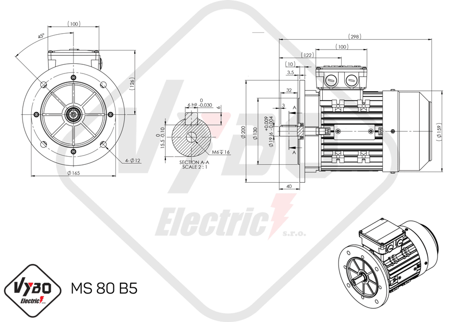 rozmerový výkres elektromotor ms80-4 0,75kw