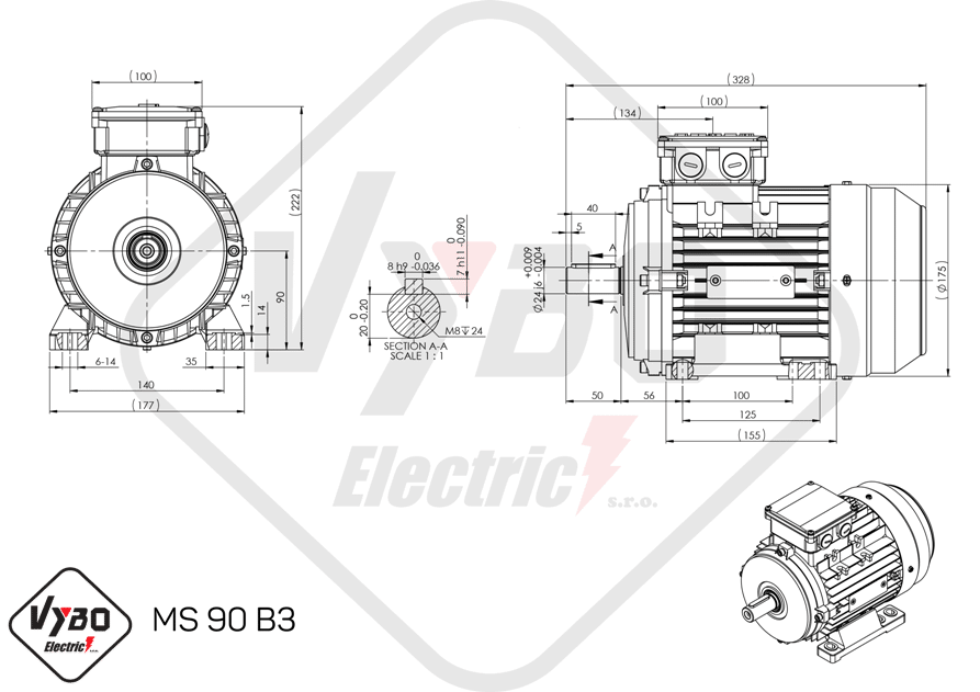 rozmerový výkres elektromotor ms90-2 1,5kw