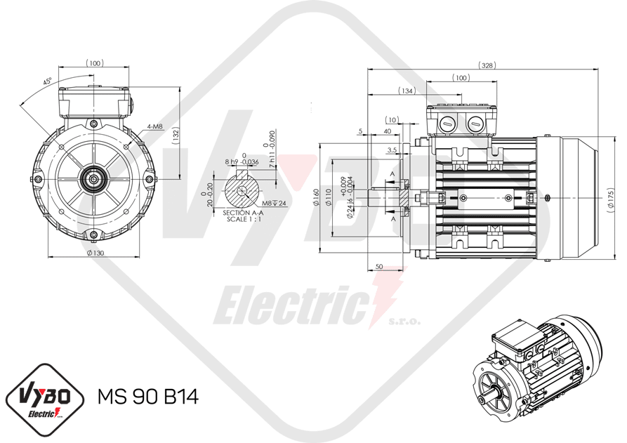 rozmerový výkres elektromotor ms90-2 1,5kw