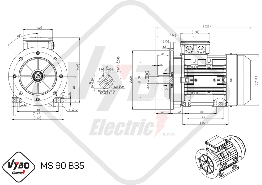 rozmerový výkres elektromotor ms90-2 1,5kw