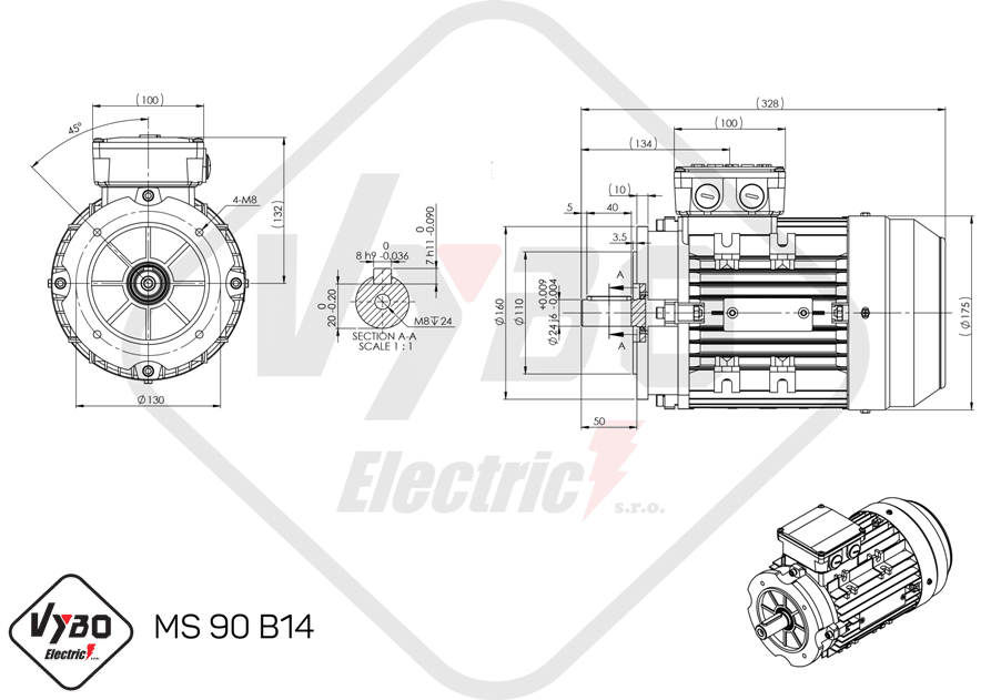 rozmerový výkres elektromotor ms90-2 2,2kw