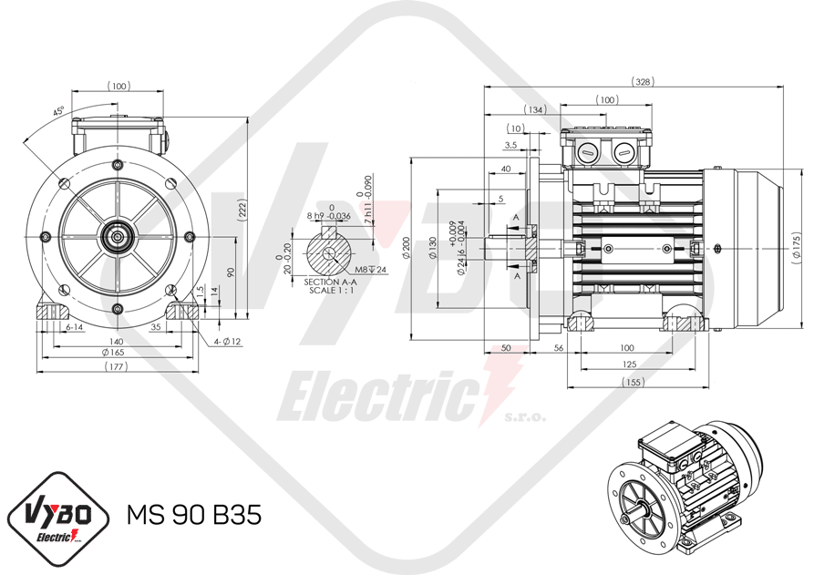 rozmerový výkres elektromotor ms90-2 2,2kw