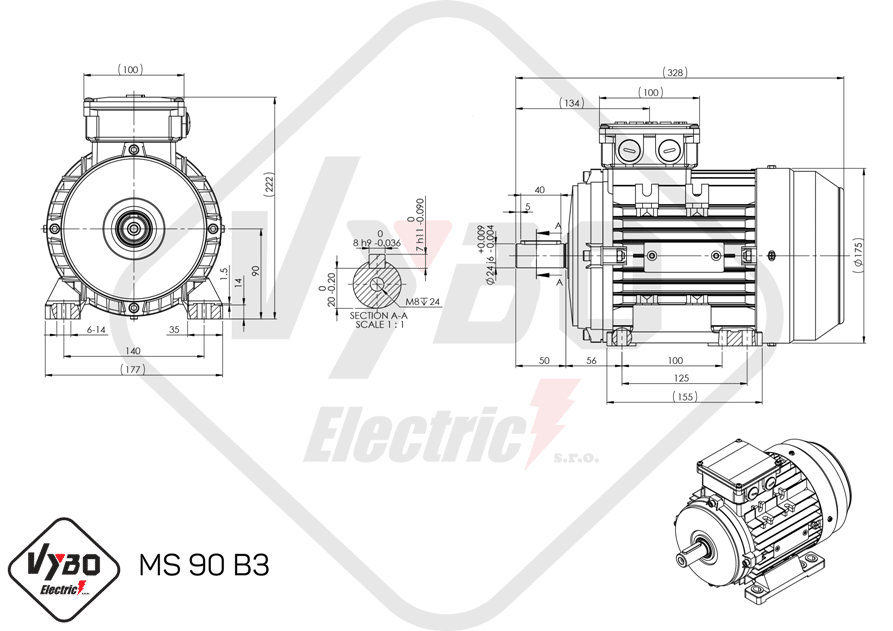 rozmerový výkres elektromotor ms90-4 1,1kw