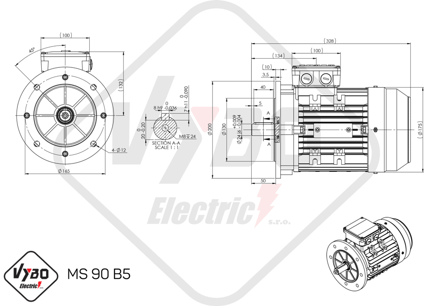 rozmerový výkres elektromotor ms90-4 1,1kw