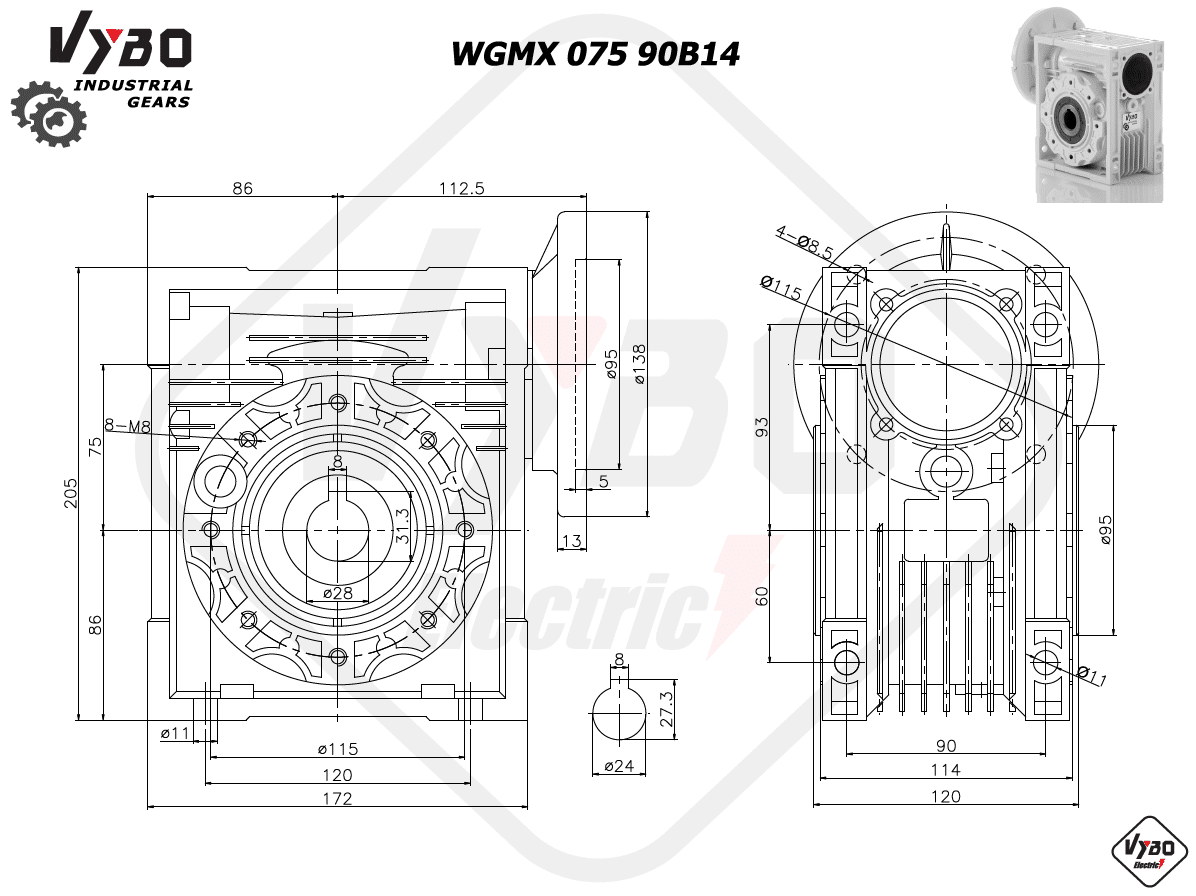 rozmerový výkres prevodovka WGMX075 90B14