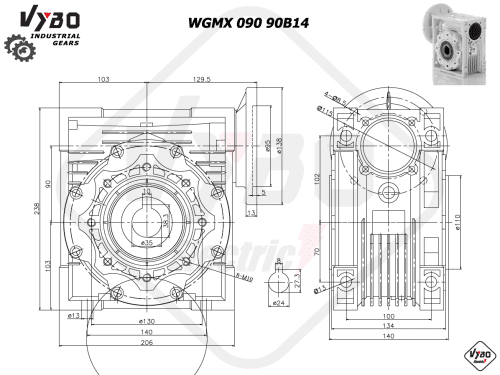 rozmerový výkres prevodovka WGMX090 90B14