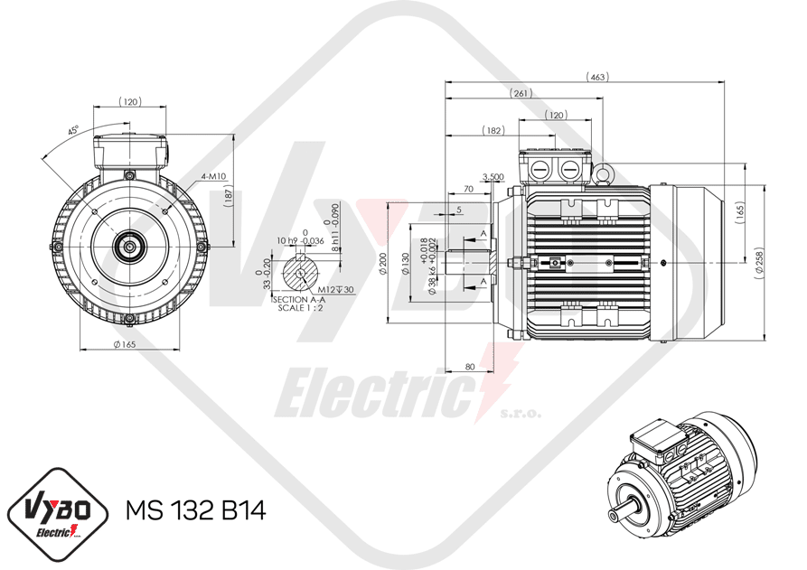 rozmerový výkres elektromotor ms132-2 5.5kw