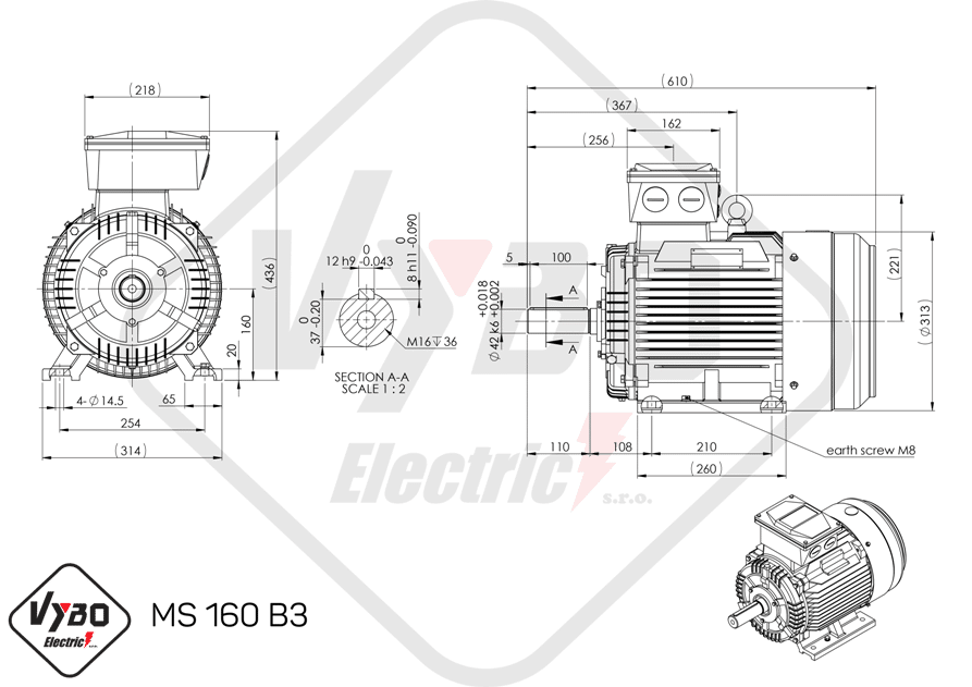 rozmerový výkres elektromotor ms160-2 11kw