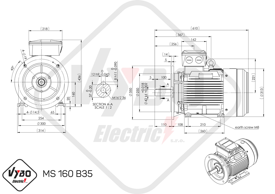 rozmerový výkres elektromotor ms160-4 11kw