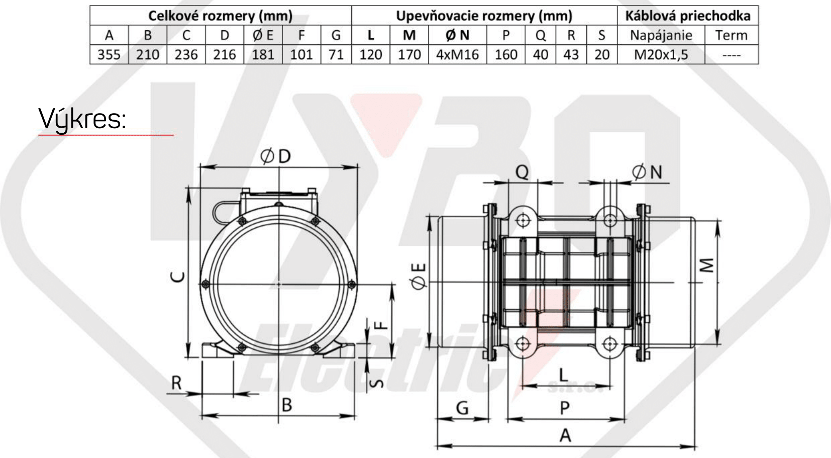 rozmerový výkres vibračný motor BM1100-3
