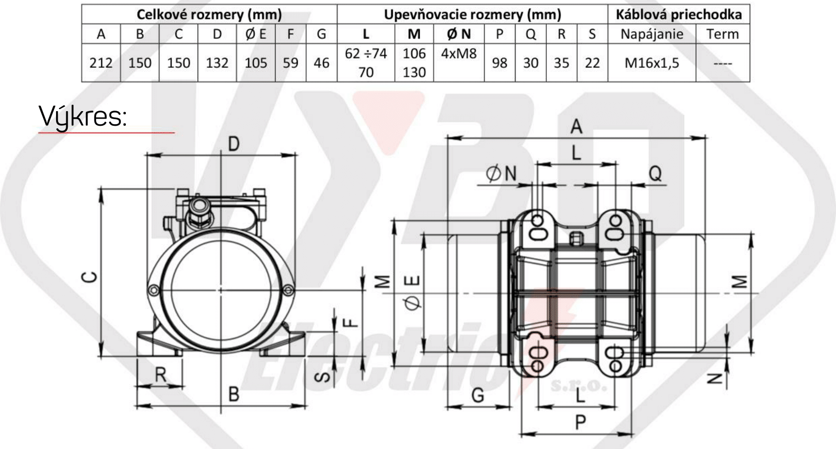 rozmerový výkres vibračný elektromotor BM130-3