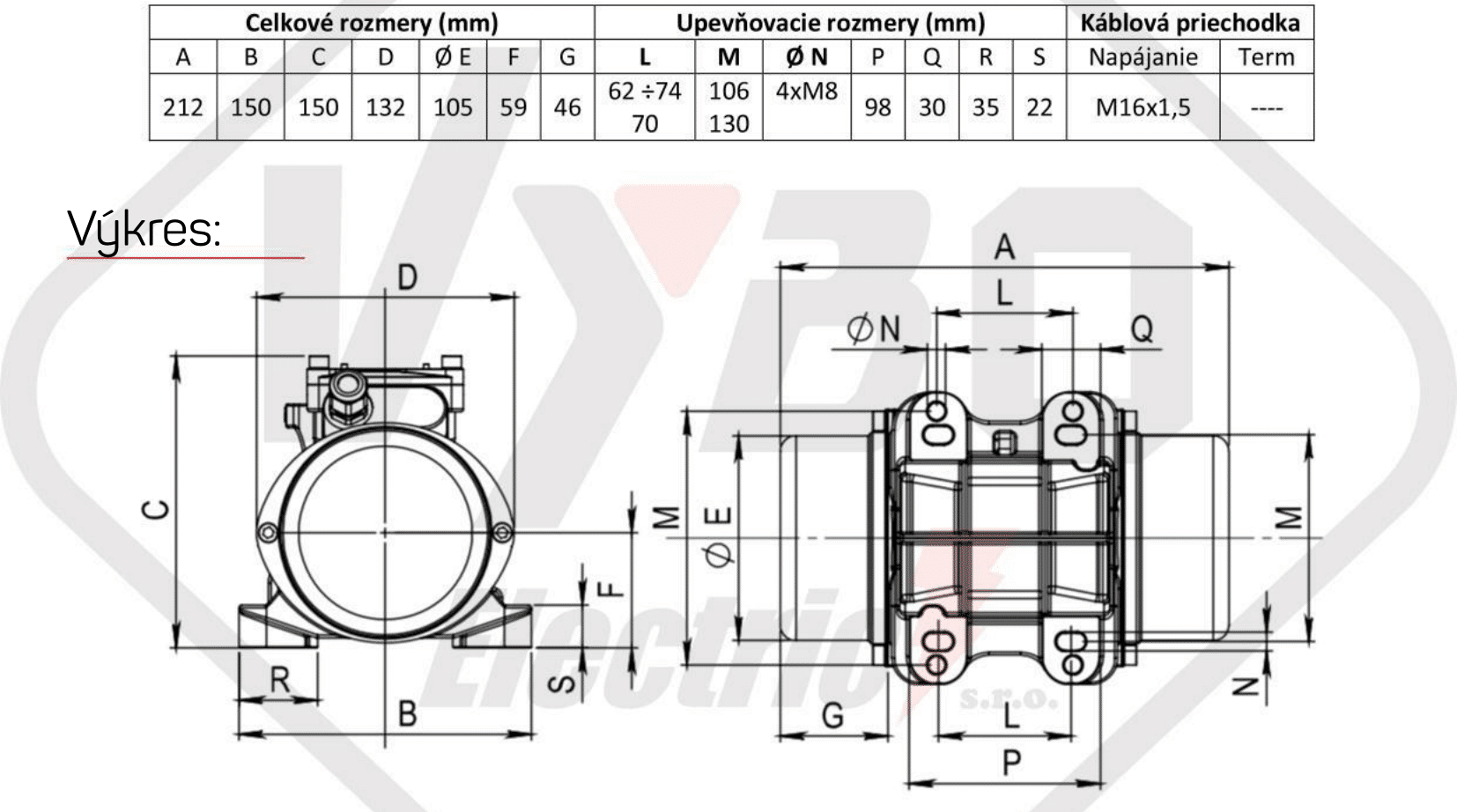 rozmerový výkres vibračný elektromotor BM200-3
