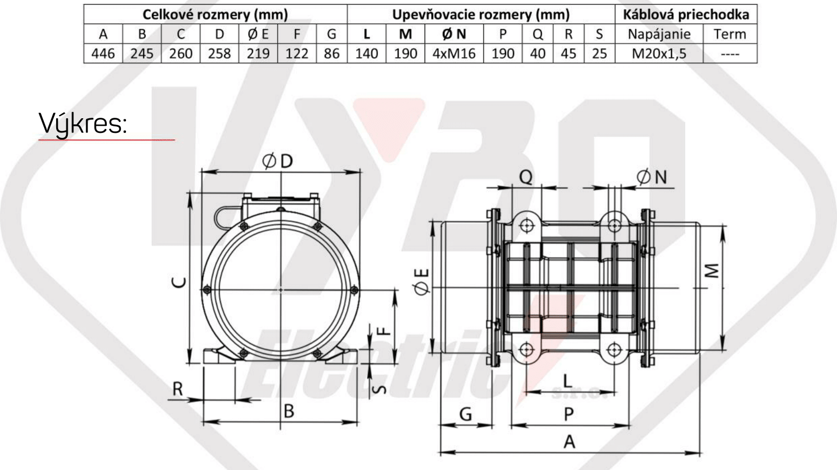 rozmerový výkres vibračný elektromotor BM2000-3