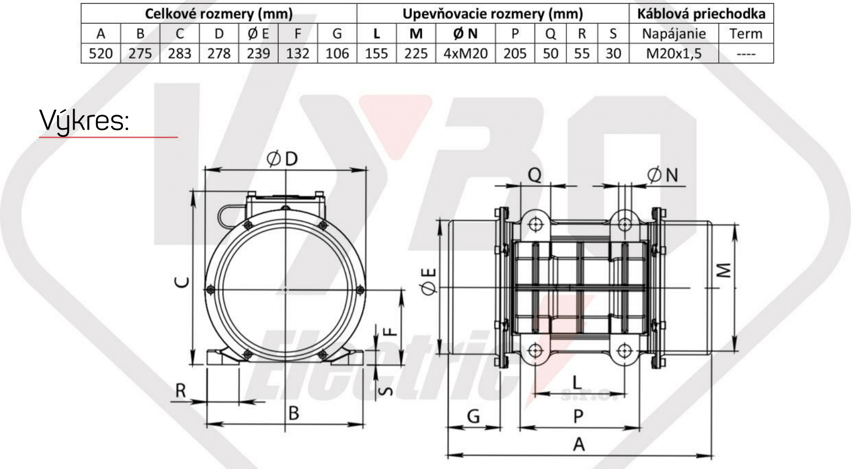 rozmerový výkres vibračný elektromotor BM2500-3