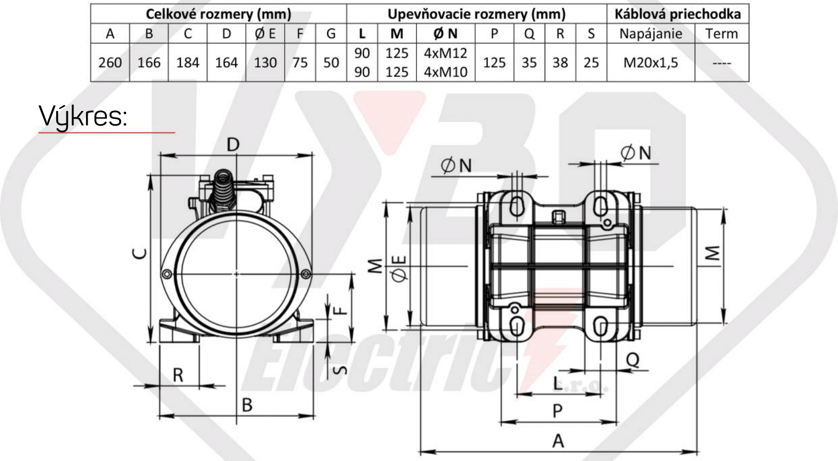 rozmerový výkres vibračný elektromotor BM300-3