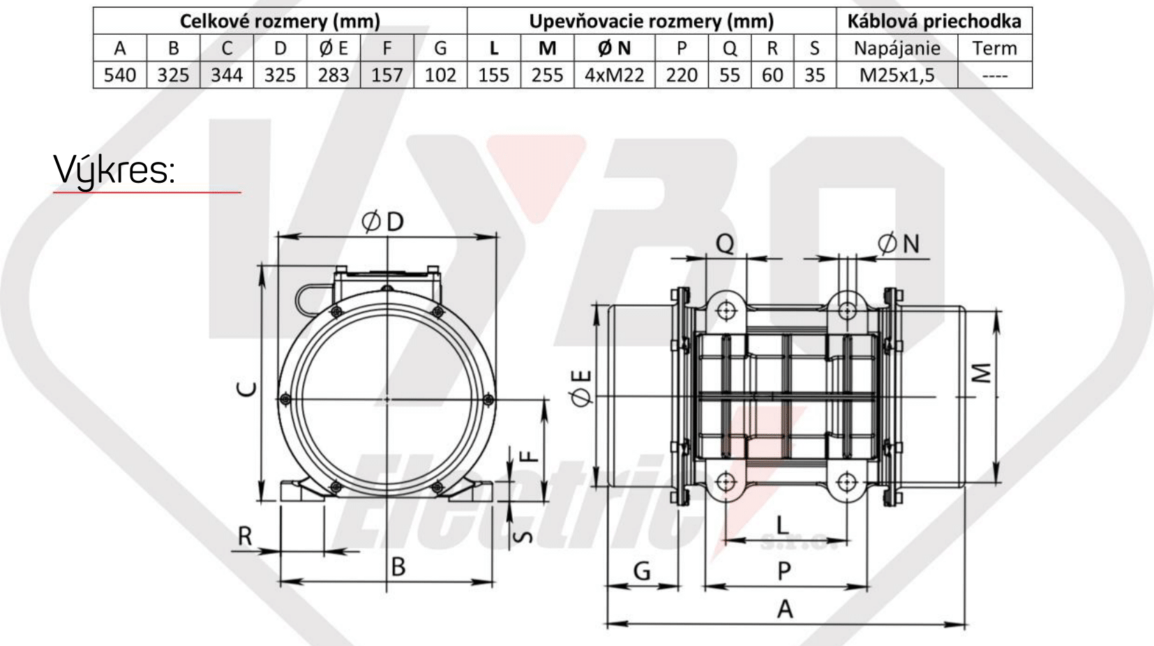 rozmerový výkres vibračný elektromotor BM3300-3