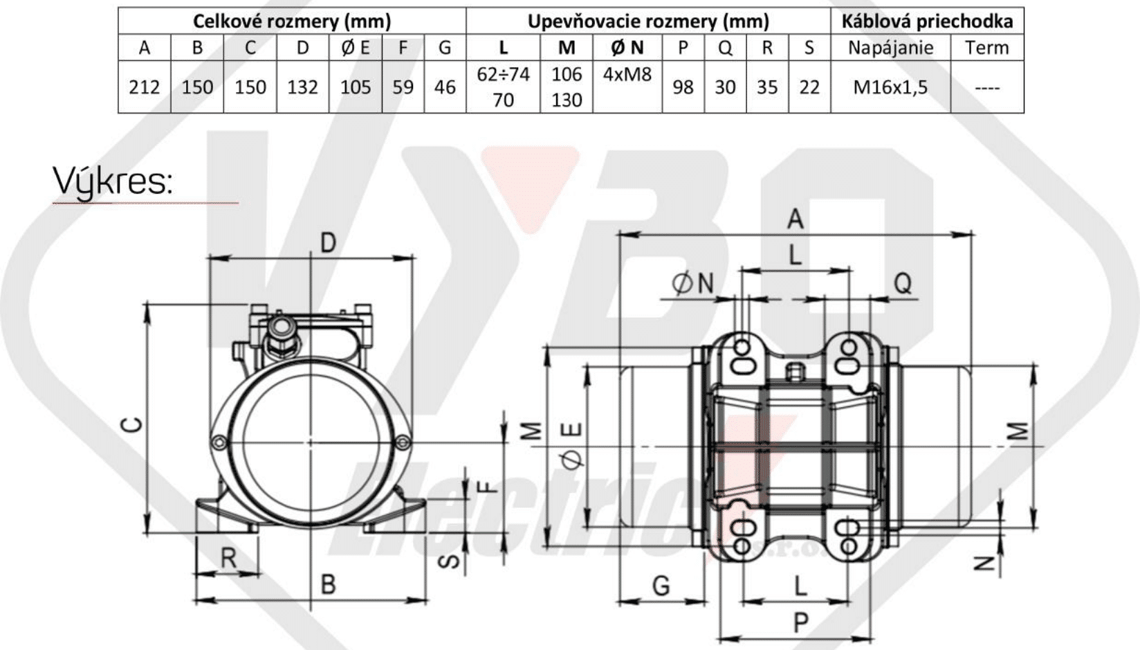 rozmerový výkres vibračný elektromotor BM65-3