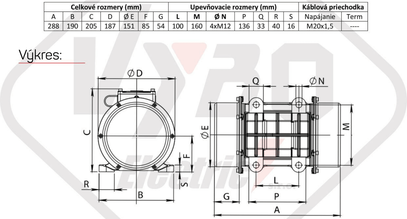 rozmerový výkres vibračný elektromotor BM650-3