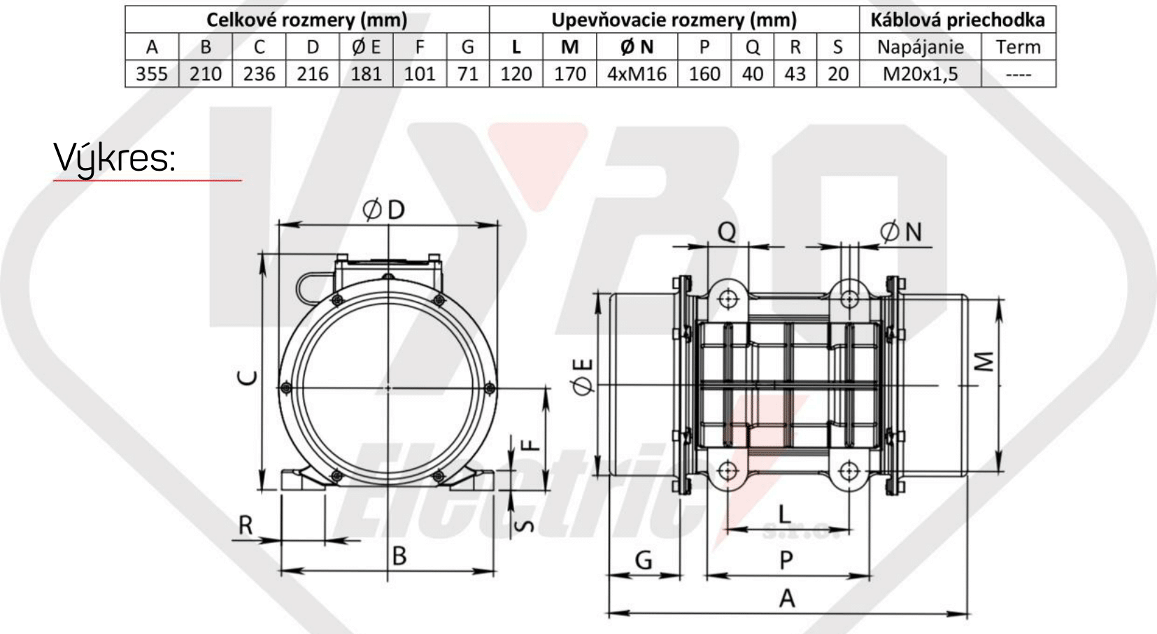 rozmerový výkres vibračný elektromotor BM850-3