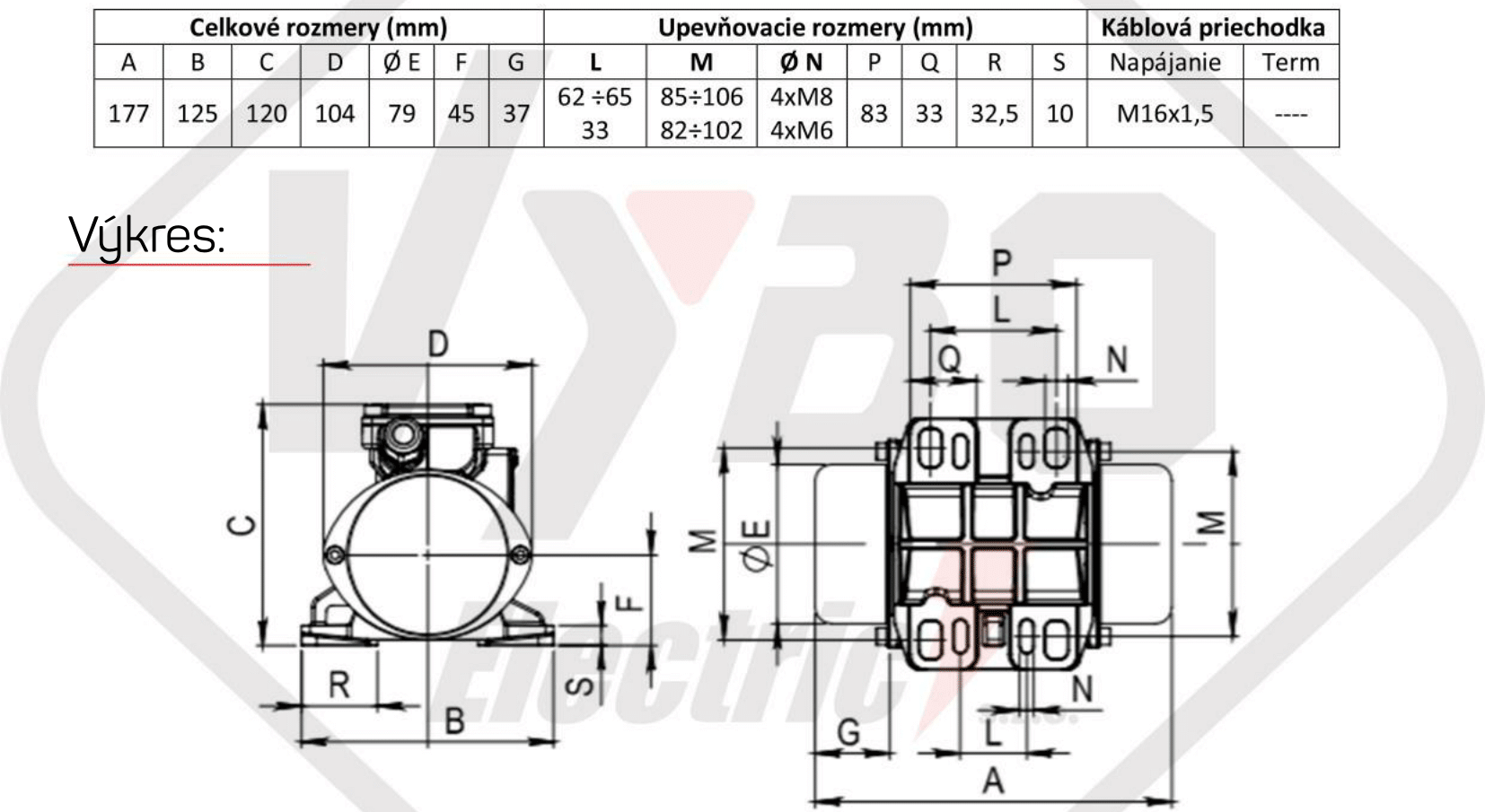 rozmerový výkres vibračný elektromotor BM95-3
