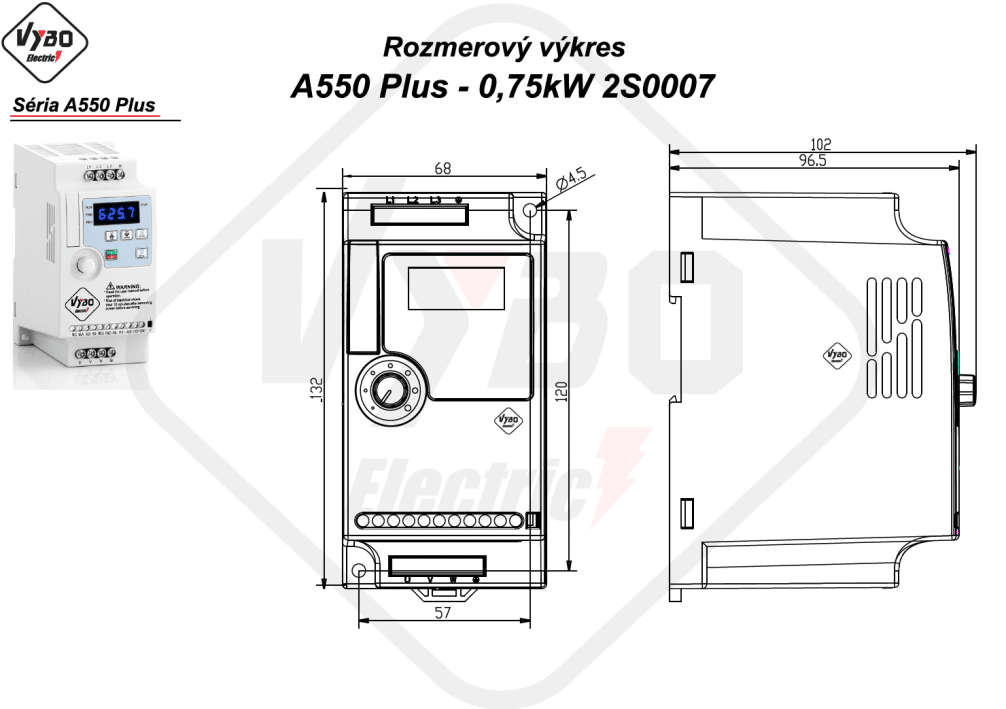 rozmerový výkres frekvenčný menič A550 Plus 2S0007