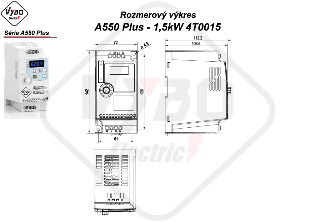 rozmerový výkres frekvenčný menič A550 Plus 4T0015