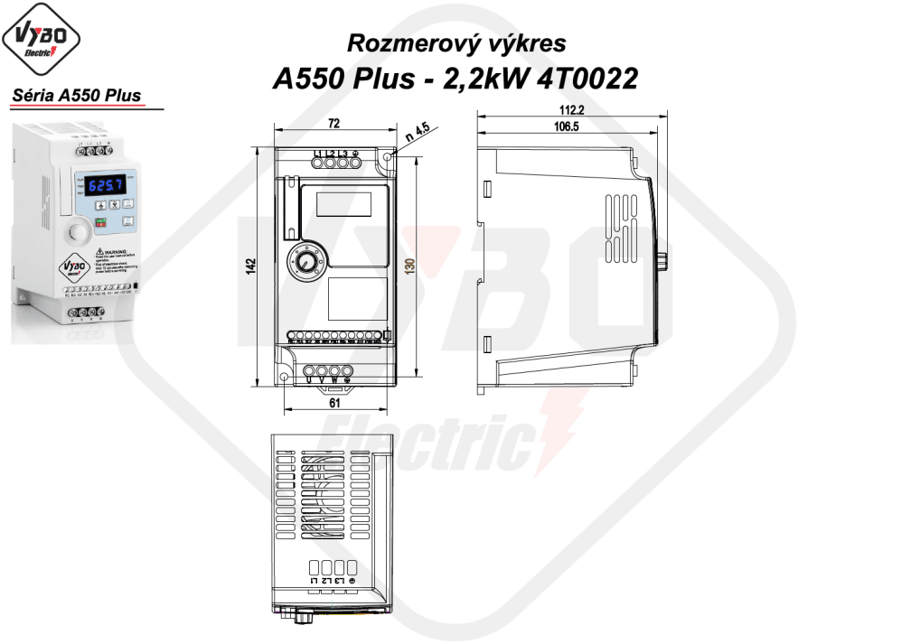 rozmerový výkres frekvenčný menič A550 Plus 4T0022