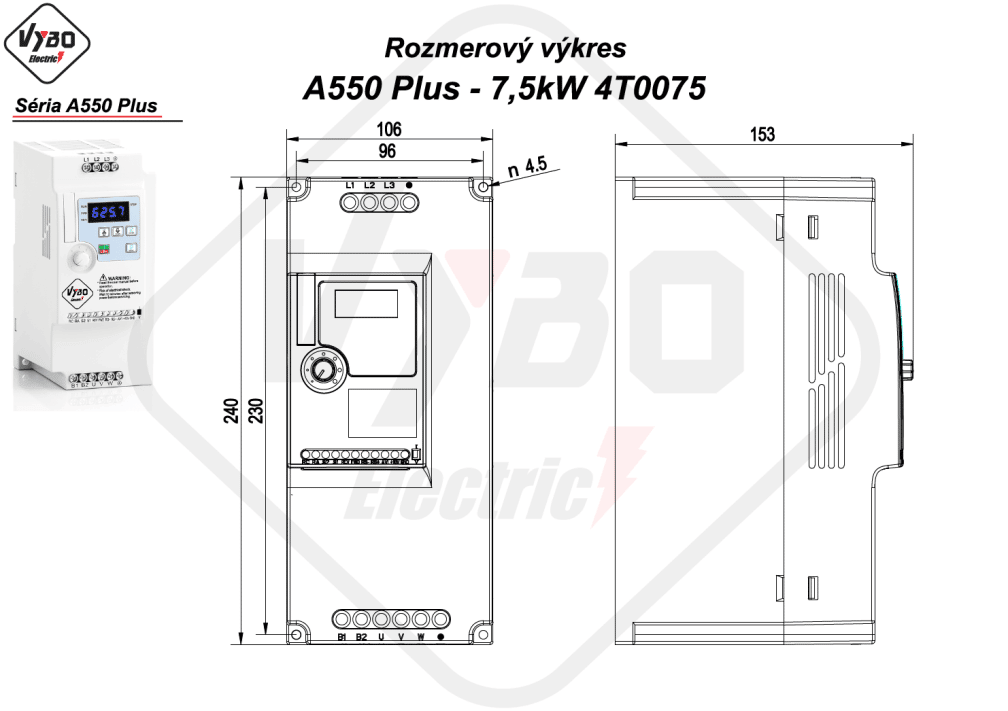 rozmerový výkres frekvenčný menič A550 Plus 4T0075