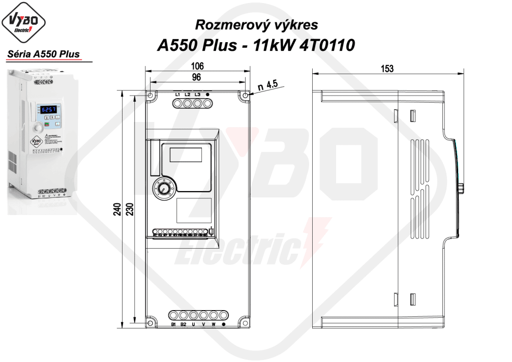 rozmerový výkres frekvenčný menič A550 Plus 4T0110