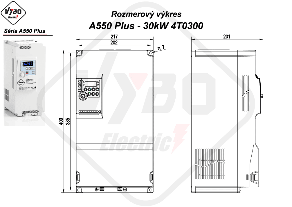 rozmerový výkres frekvenčný menič A550 Plus 4T0300