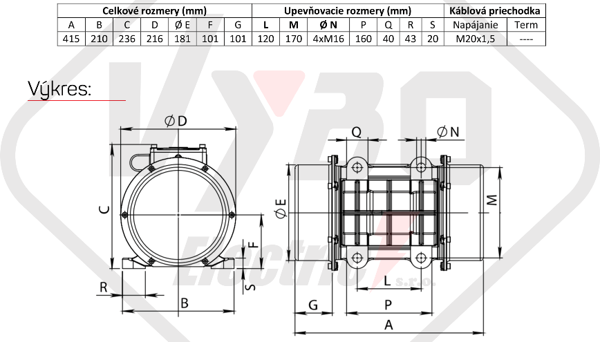 rozmerový výkres vibračný elektromotor BM1100-15