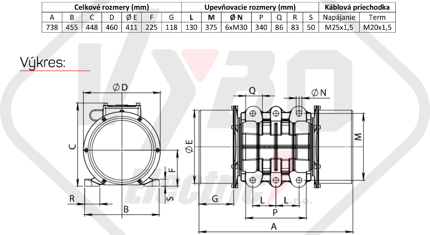 rozmerový výkres vibračný elektromotor BM11500-15