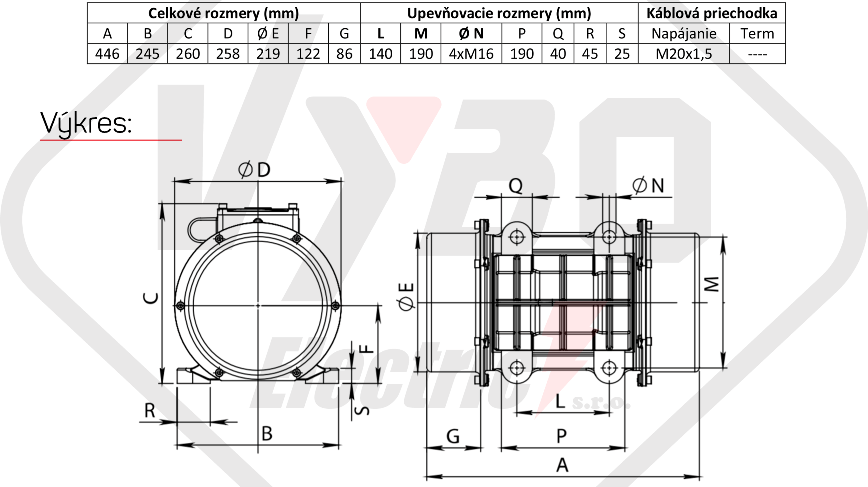 rozmerový výkres vibračný elektromotor BM1500-15