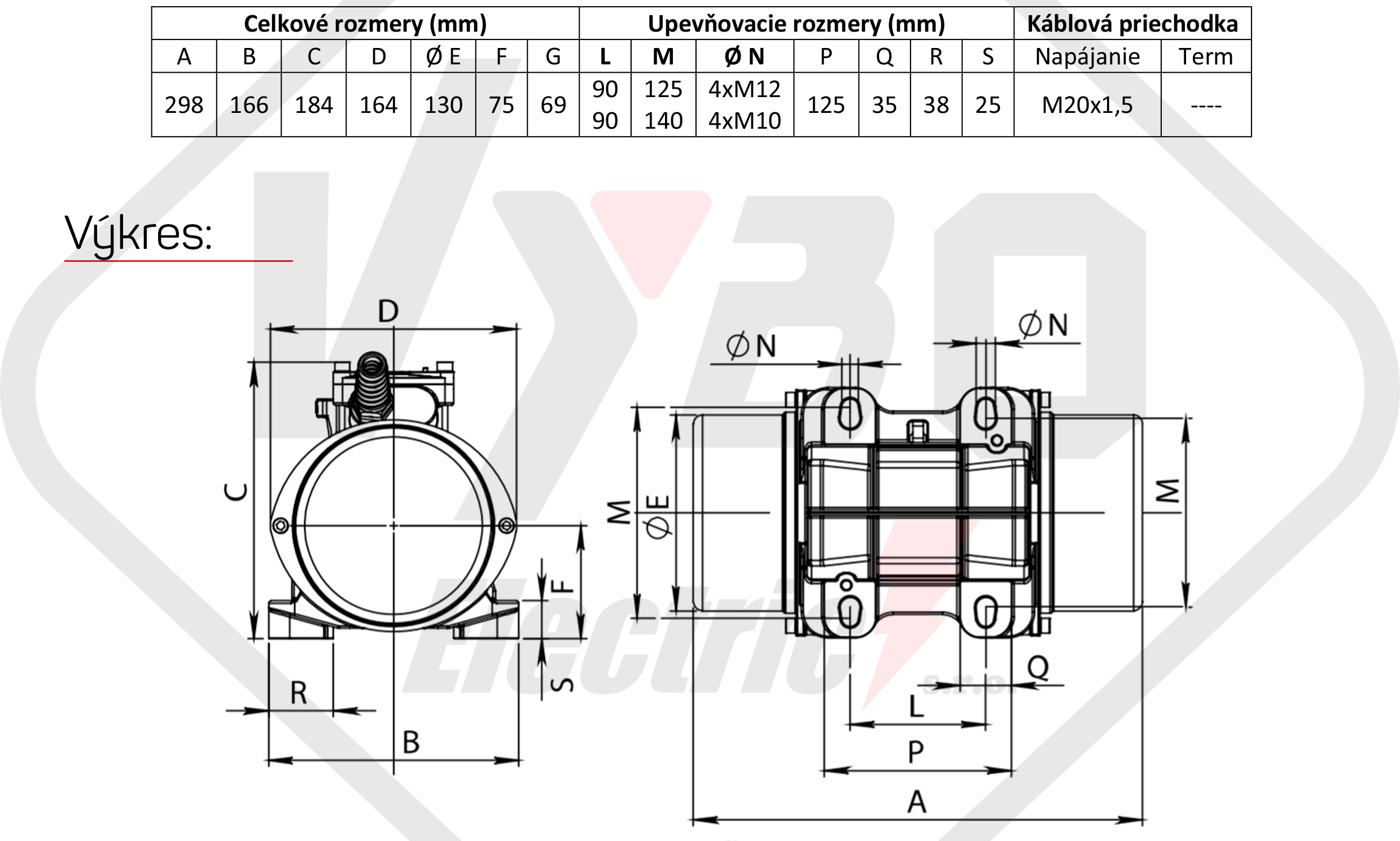 rozmerový výkres vibračný elektromotor BM200-15