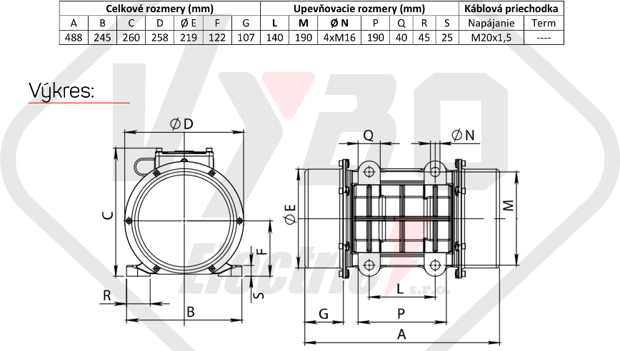 rozmerový výkres vibračný elektromotor BM2000-15