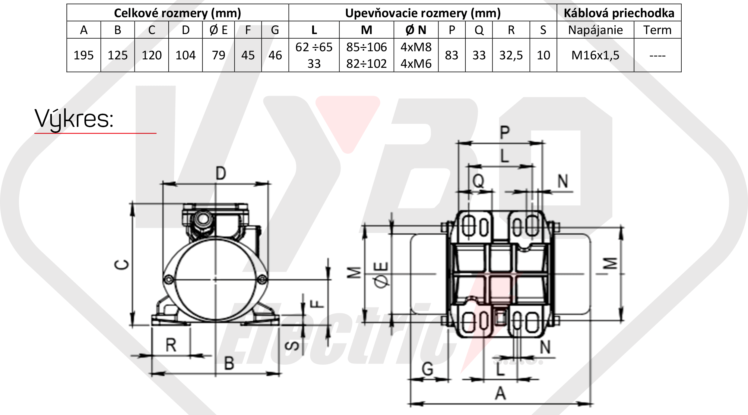 rozmerový výkres vibračný elektromotor BM 25-15